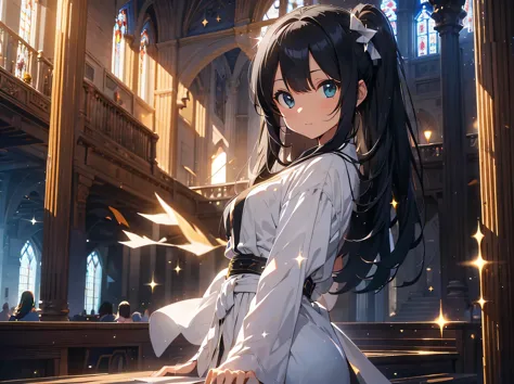 black hair girl, a holy knight in a white robe, (robes and armor), (food), emerald eyes, a church where light shines in, stained...