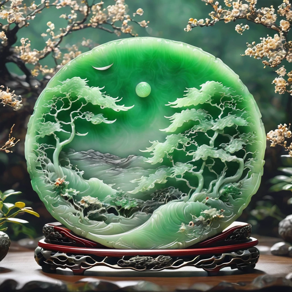 best quality, very good, 16K, ridiculous, Extremely detailed, Shizuya Shi，Watch the moonlight in front of the bed，Suspected to be frost on the ground。Look up at the mountains and moons，Head down and think of home，author；Li Bai，Made of translucent jadeite, Background grassland（（A masterpiece full of fantasy elements）））， （（best quality））， （（Intricate details））（8k）