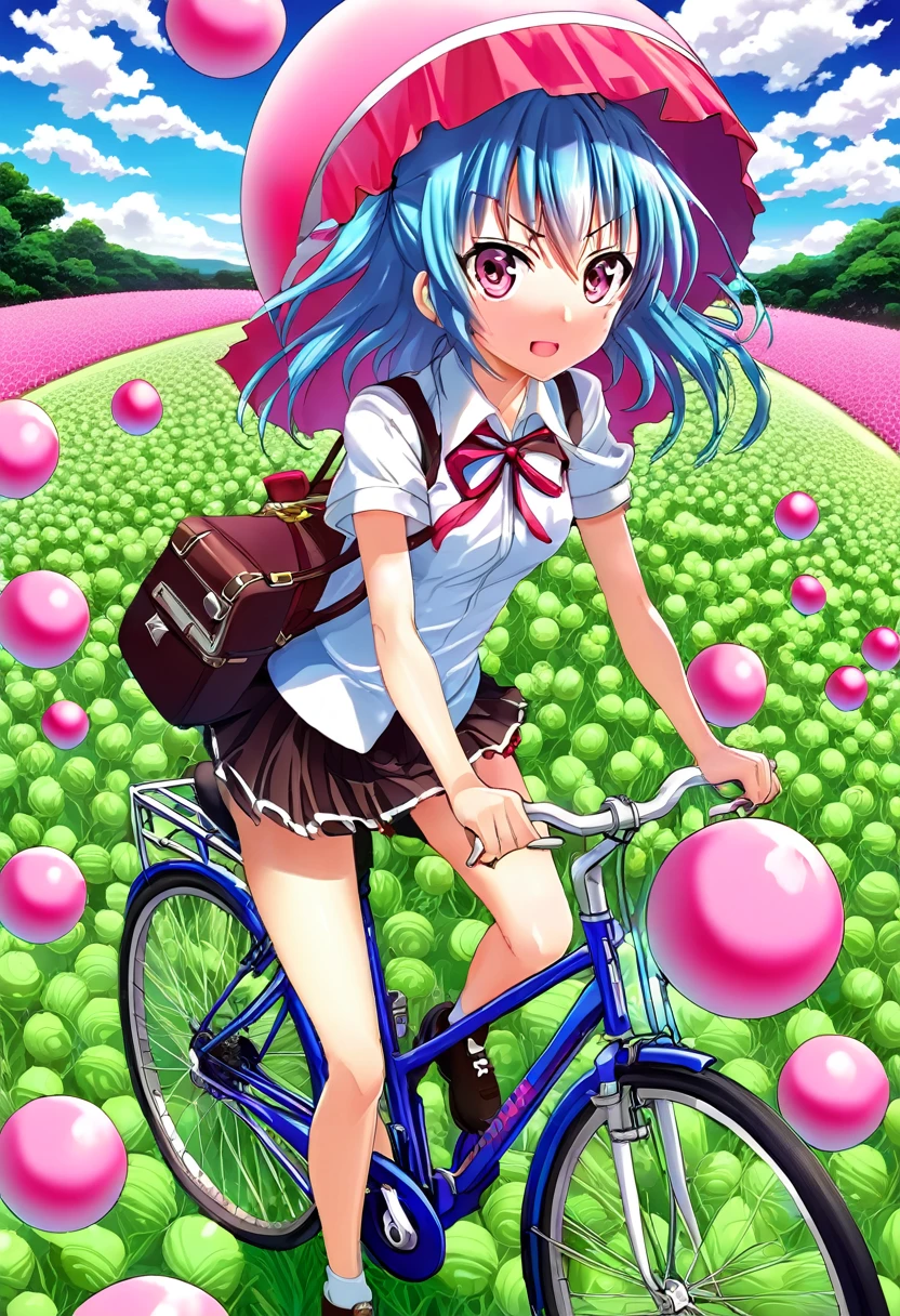 une femme faisant du vélo à travers un champ de boules roses, inspiré de Nagasawa Rosetsu, Gagnant du concours Pixiv, Tempête de Rimuru, De Yowamushi Pedal, Illustration de couverture détaillée, le matériel est!!! pastèque!!!
