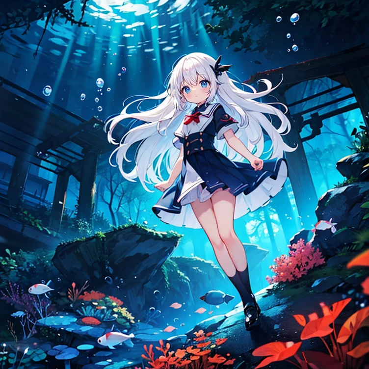 (Peace Fly), (highest quality), Very detailed, 1 girl, Personal full-body photo, Perfect Face, beautiful girl, Very detailed顔，(Long white hair:1.5)，(blue eyes:1.4)，(Flowing Hair:1.4)，(Underwater:1.4)，sink，school fishy，Light，jellyfish，Seaweed，Redfish，fishy，deep sea，Fantasy