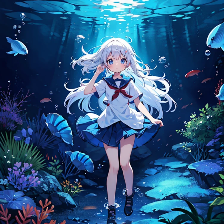 (Peace Fly), (highest quality), Very detailed, 1 girl, Personal full-body photo, Perfect Face, beautiful girl, Very detailed顔，(Long white hair:1.5)，(blue eyes:1.4)，(Flowing Hair:1.4)，(Underwater:1.4)，sink，school fishy，Light，jellyfish，Seaweed，Redfish，fishy，deep sea，Fantasy