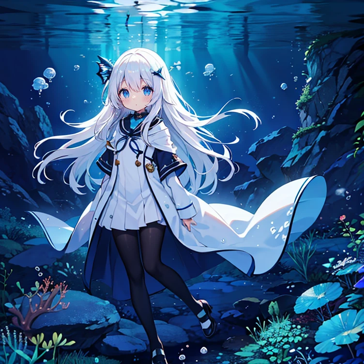 (Peace Fly), (highest quality), Very detailed, 1 girl, Personal full-body photo, Perfect Face, beautiful girl, Very detailed顔，(Long white hair:1.5)，(blue eyes:1.4)，(Flowing Hair:1.4)，(Underwater:1.4)，sink，school fishy，Light，jellyfish，Seaweed，Redfish，fishy，deep sea，Fantasy