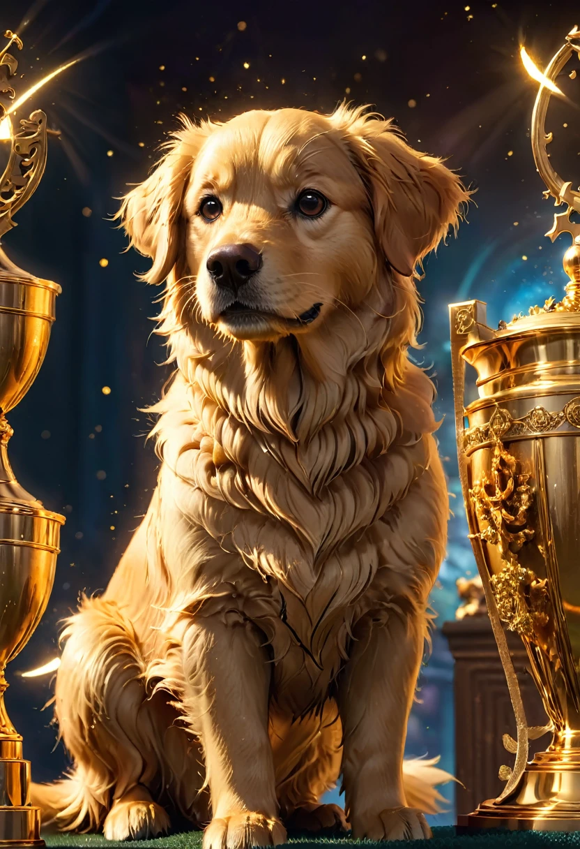 (Golden Trophy:1.5), jinsixiangyun, traditional, gldnglry, Golden Retriever, (best in show trophy:1.5), detailed matte painting, deep color, fantastical, intricate detail, splash screen, complementary colors, fantasy concept art, 8k resolution trending on Artstation Unreal Engine 5