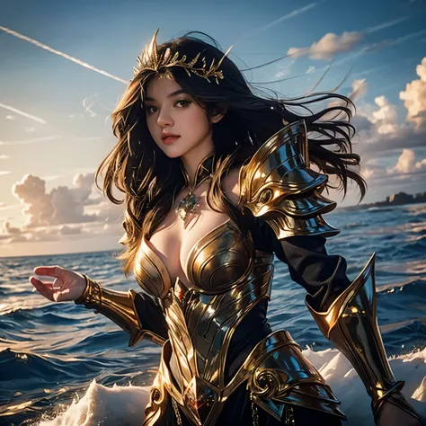 vonzy, vonnyfelicia, a young sea goddess, controlling water on a rock in the middle of ocean, big breast, sexy golden armor, 