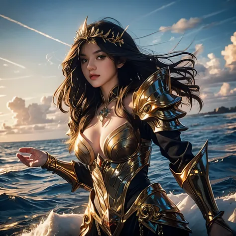 vonzy, vonnyfelicia, a young sea goddess, controlling water on a rock in the middle of ocean, big breast, sexy golden armor,