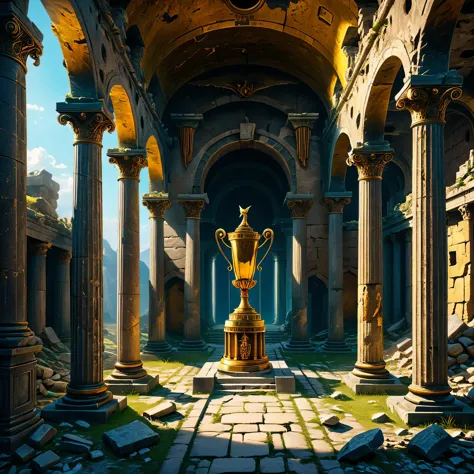 An old abandoned castle of an ancient long-gone highly developed civilization, in a hall with destroyed columns, a Golden Trophy...