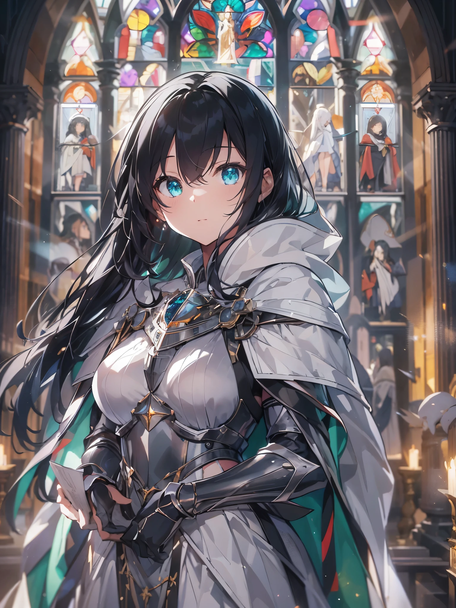 Black Hair Girl, A holy knight in a white robe, (Black and white robes and armor), Emerald Eyes, A church where light shines in, (Stained glass behind:0.9), hair two side up, depth of field, cinematic lighting, sparkle, f/2.8, 35mm, anime, anime style, UHD, high details, best quality, highres, textured skin, 4K