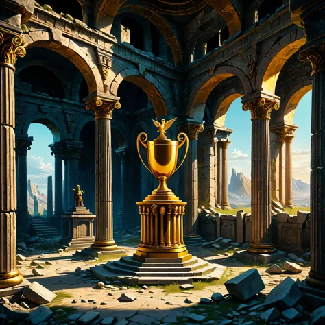 an old abandoned castle of an ancient long-gone highly developed civilization, in a hall with destroyed columns, a golden trophy...