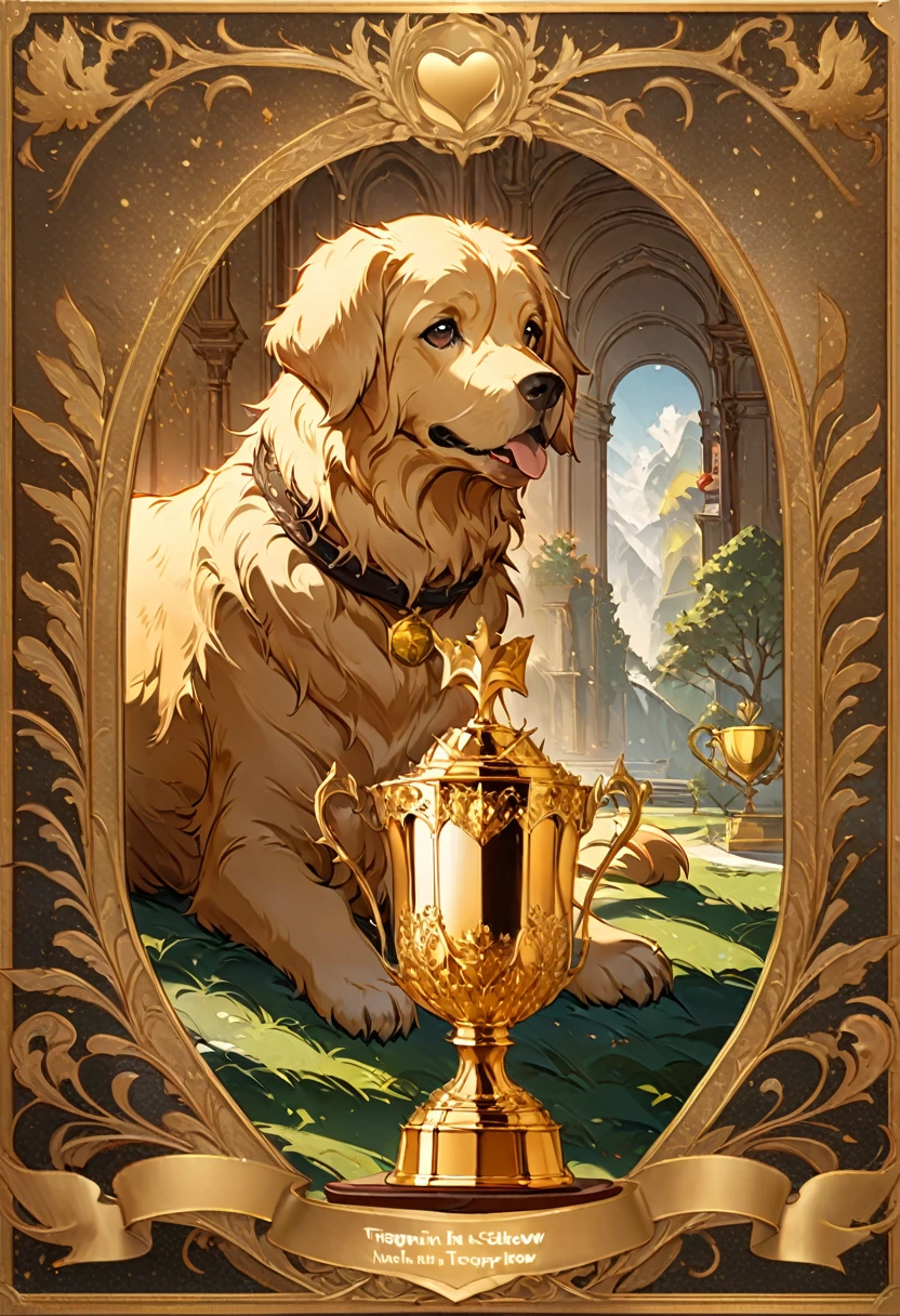 (Goldene Trophäe:1.5), jinsixiangyun, traditionell, Abonnieren, Golden Retriever, (Trophäe für den Besten der Show:1.5), detailliertes Matte Painting, dunkle Farbe, fantastisch, komplizierte Details, Begrüßungsbildschirm, Komplementärfarben, Fantasy-Konzeptkunst, 8k-Auflösung im Trend bei Artstation Unreal Engine 5