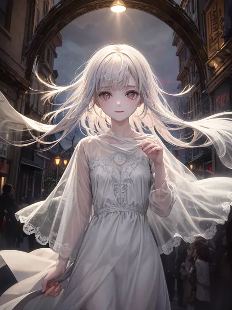 masterpiece, highest quality,(One ghost girl),(ghost:1.3),Transparent body,Clear Skin,The outline glows faintly,Silver Eyes,Smil...