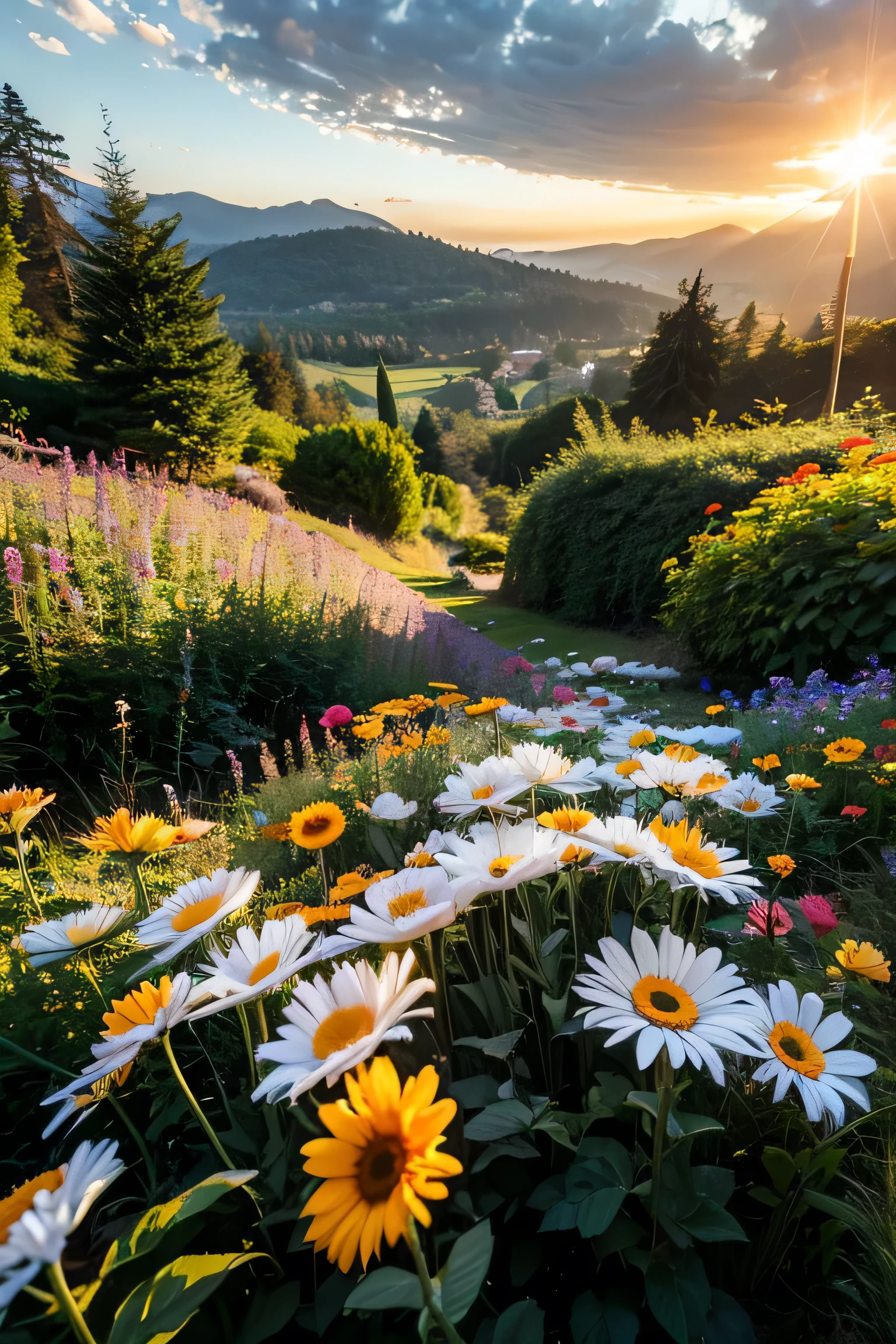 Blue daisies in bloom in a valley, sunlight, clouds, sky, delicate petals, full view of the flower.