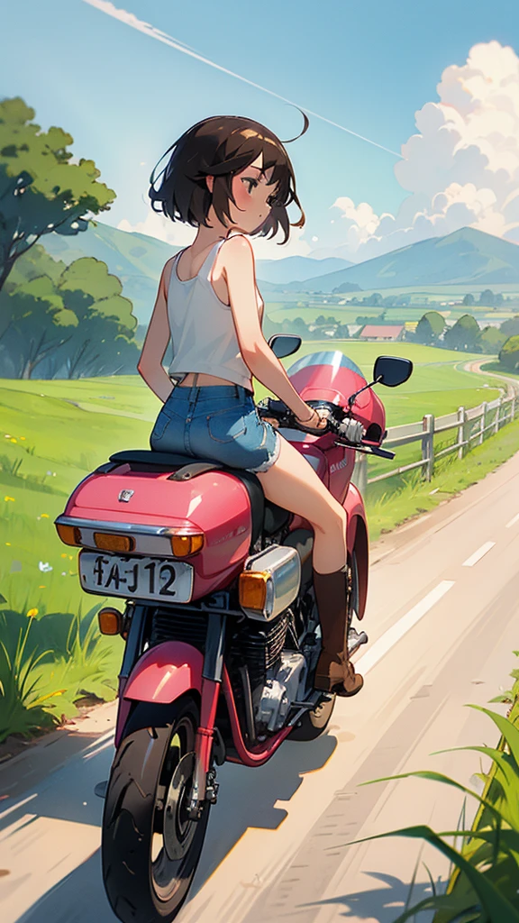 Highest quality、(One Girl Vintage_Riding a motorbike)、Dark brown short cut、He is wearing a jet helmet with white and black lines running down the center of the helmet from front to back.、White tank top、Pink riders jacket、Denim shorts、White knee-high socks、Brown work boots、Japanese countryside scenery、Road beside the stream、Small creek、Dirt Road、Weeds grow along the side of the road、Blue sky、White clouds floating、Early summer sky、