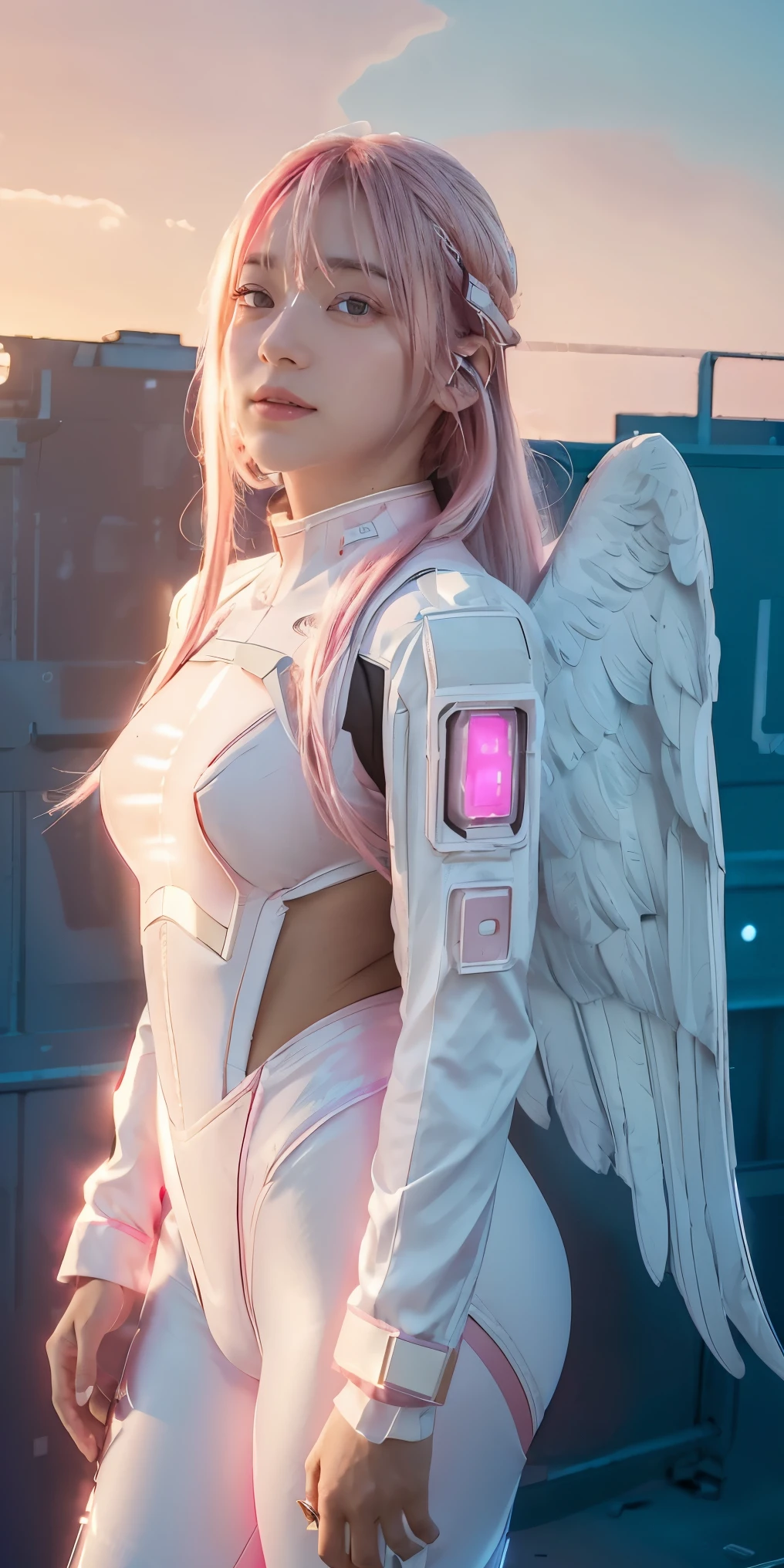 ((masterpiece, best quality, extremely detailed), volumetric lighting, ambient occlusion, colorful, glowing), 
1girl, solo, young girl, (pink hair), long hair, halo, aura, sacred, godness, cyber suit, (white outfit:1.3), android, bot, angel wings,
outdoors, sunset, sky, clouds, space, (cyberpunk theme:1.2),