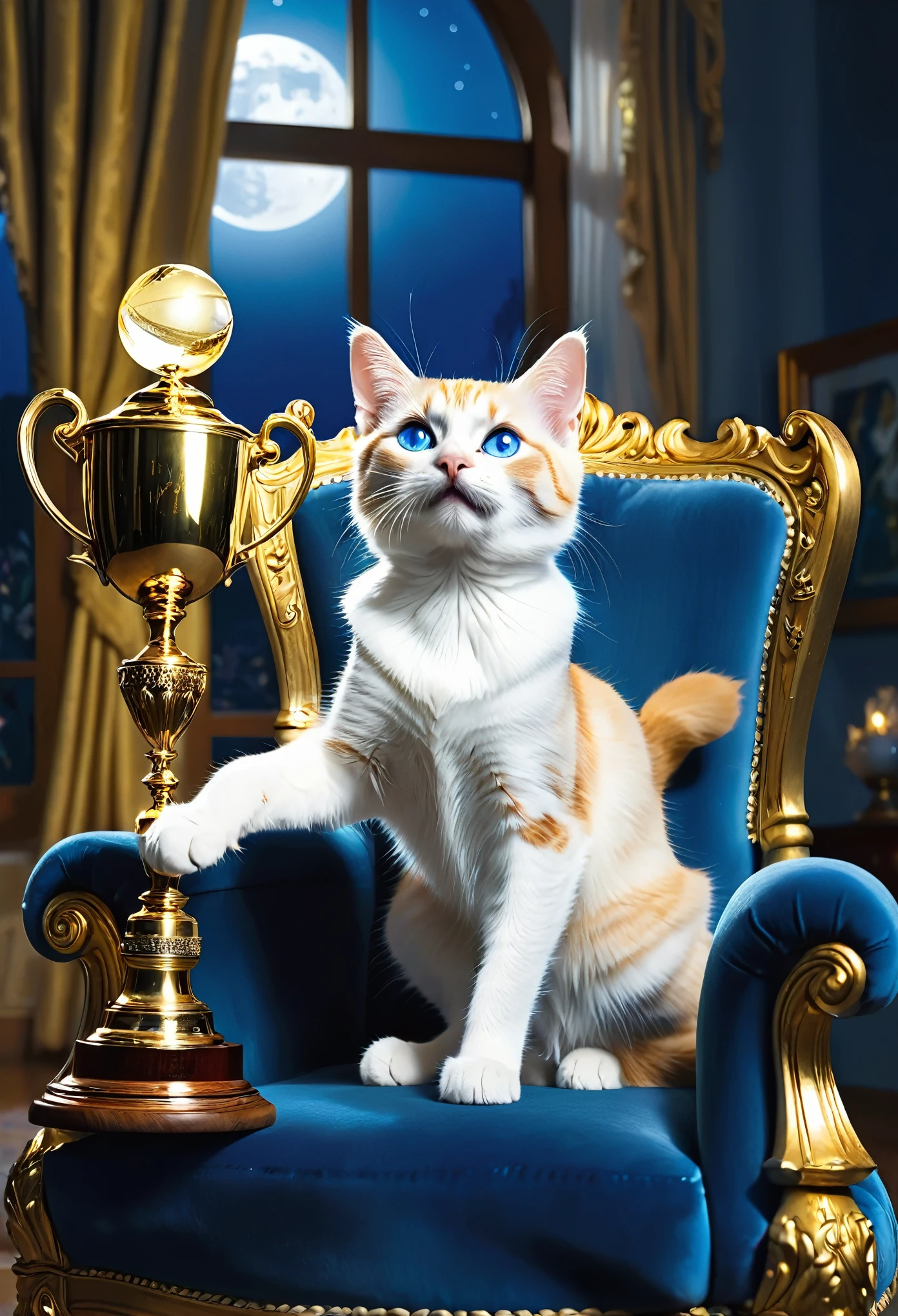 no human,(no humans),Moonlight falls on the living room, and the cat sits on the chair, holding onto the shining golden trophy in its hands. Its deep blue eyes sparkle with pride and satisfaction. It gently caressed the trophy, savoring the joy of victory, and its elegant posture appeared even more agile under the moonlight. The joy of cats comes from unremitting efforts and persistence. They believe that as long as they pursue their dreams, they can reap their own glory. Moonlight, living room, cats, golden trophies, deep blue eyes, pride, caressing, victory, joy, elegance, agility, hard work, persistence, pursuit, dreams, glory,(masterpiece, best quality:1.2),solo