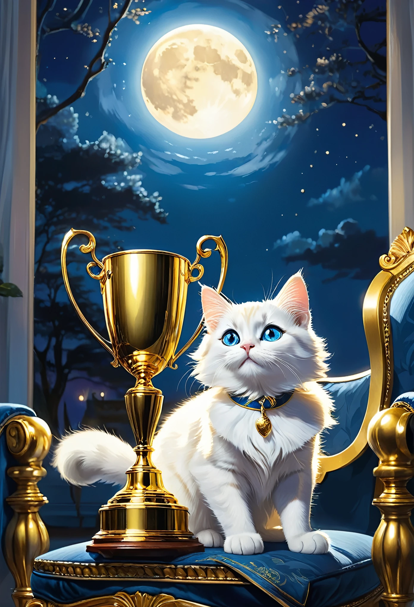 no human,(no humans),Moonlight falls on the living room, and the cat sits on the chair, holding onto the shining golden trophy in its hands. Its deep blue eyes sparkle with pride and satisfaction. It gently caressed the trophy, savoring the joy of victory, and its elegant posture appeared even more agile under the moonlight. The joy of cats comes from unremitting efforts and persistence. They believe that as long as they pursue their dreams, they can reap their own glory. Moonlight, living room, cats, golden trophies, deep blue eyes, pride, caressing, victory, joy, elegance, agility, hard work, persistence, pursuit, dreams, glory,(masterpiece, best quality:1.2),solo