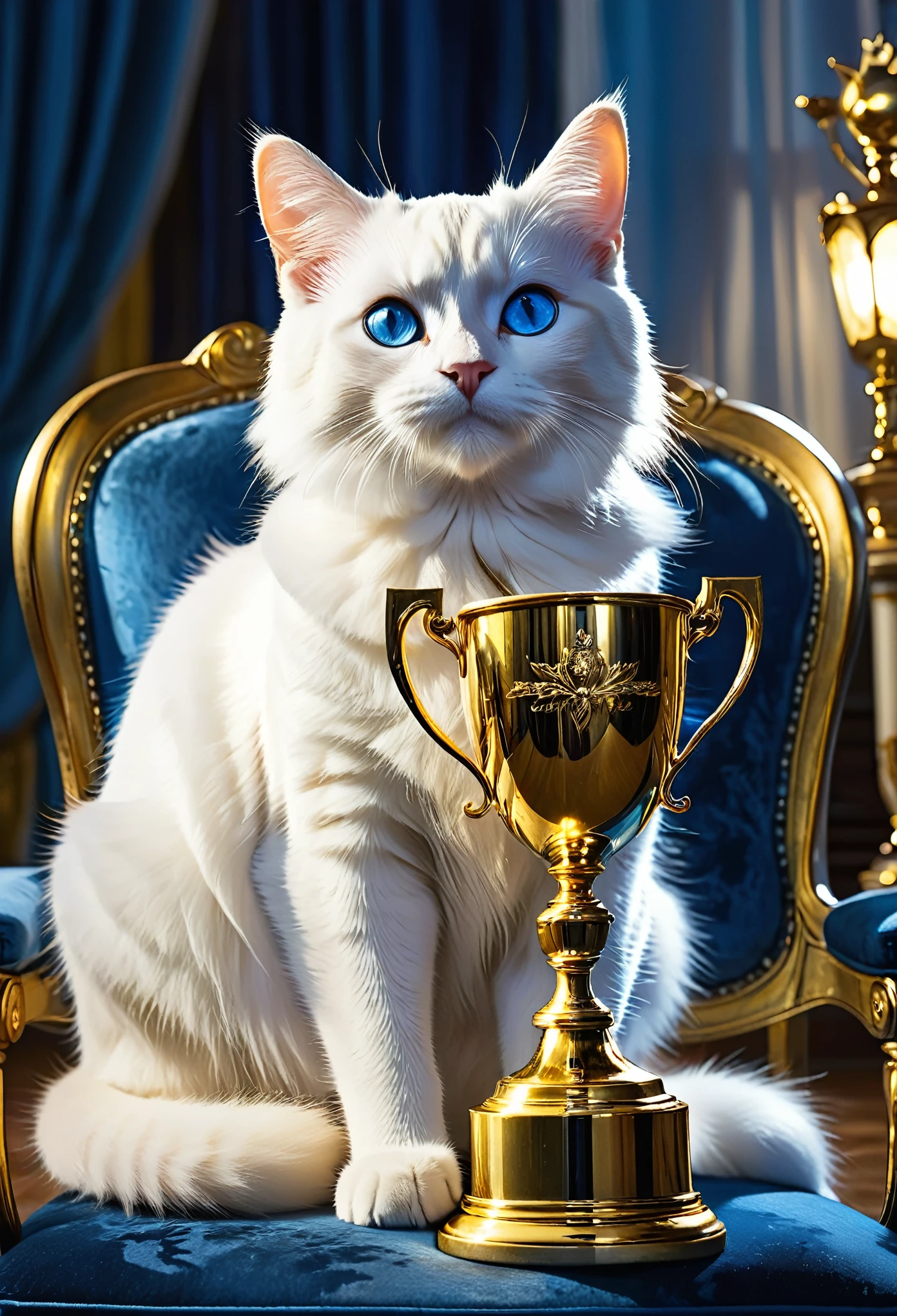 no human,(no humans),Moonlight falls on the living room, and the cat sits on the chair, holding onto the shining golden trophy in its hands. Its deep blue eyes sparkle with pride and satisfaction. It gently caressed the trophy, savoring the joy of victory, and its elegant posture appeared even more agile under the moonlight. The joy of cats comes from unremitting efforts and persistence. They believe that as long as they pursue their dreams, they can reap their own glory. Moonlight, living room, cats, golden trophies, deep blue eyes, pride, caressing, victory, joy, elegance, agility, hard work, persistence, pursuit, dreams, glory,(masterpiece, best quality:1.2),solo