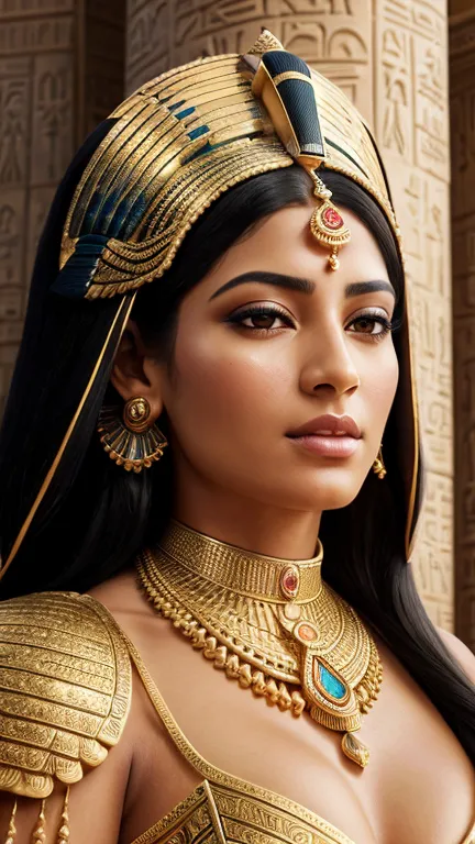 a lifelike and regal portrayal of an egyptian goddess in the style of realistic portraiture. the goddess should be depicted with...