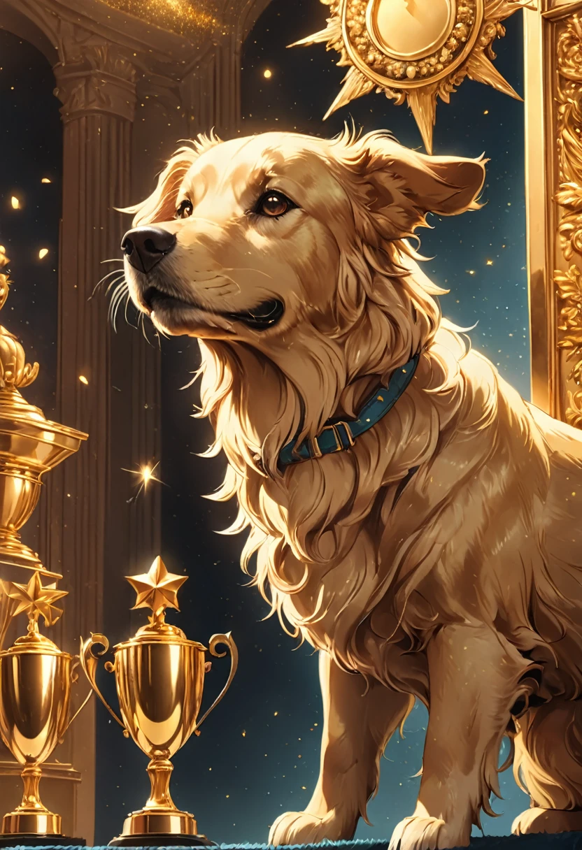 (Golden Trophy:1.5), jinsixiangyun, traditional, gldnglry, Golden Retriever, (best in show trophy:1.5), detailed matte painting, deep color, fantastical, intricate detail, splash screen, complementary colors, fantasy concept art, 8k resolution trending on Artstation Unreal Engine 5