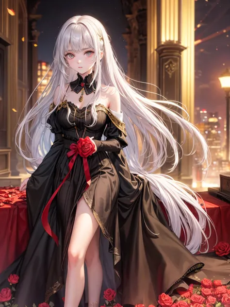 masterpiece, 最high quality,A 13-year-old girl with pale skin and long hair,Disheveled silver hair, Detailed golden eyes , With a...