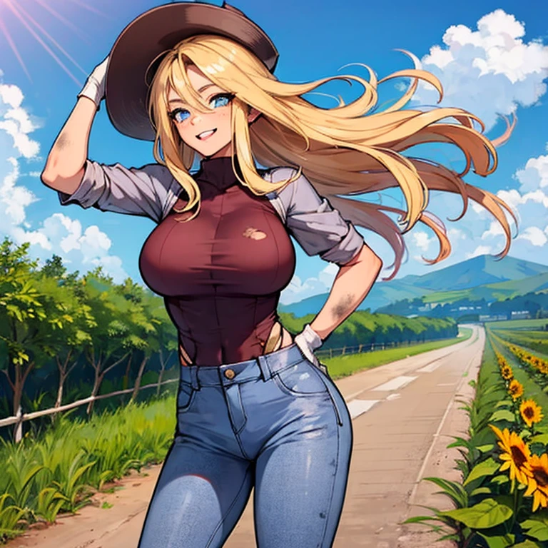 (8k, Masterpiece, Hyper Extreme Detailed:1.2), Solo, Best Quality, Solo, Adult, Cowboy Shot, Perfect Anatomy, 1 Girl, Perfect Face, Expressive Eyes, Perfect Eyes, Half Body, Dirty Blonde Hair, Swept Bangs , Cool, confident, friendly, big bust, fun, determined, Carefree, adventurous, long hair, farm, sunflowers, dirt road, blue sky, clouds, beatiful , dirty, golden eyes, gloves, eccentric, strange, quirky, unique, carefree, original, disheveled hair, wind, windy, moving hair, moving clothes, tangled hair, dirty, happy, naked only in overalls, dynamic pose, friendly, slight smile, left hand in the hat, right hand on hip, freckles, flowing hair, farmer, freckles, dirty face, dirty clothes, white gloves, smiling, half body, torn clothes,