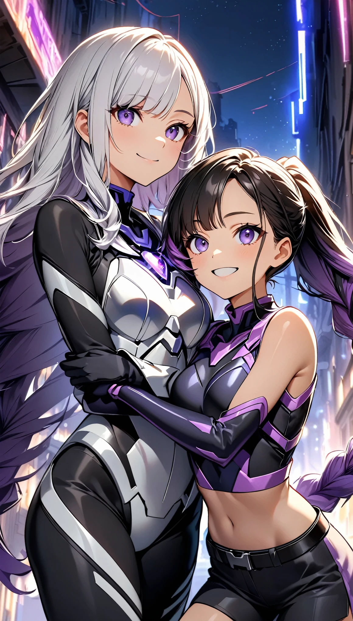 (highest quality:1.2, Very detailed, animeスタイル:1.37, anime, High Contrast, masterpiece:1.2, highest quality, Best aesthetics), Two Girls, Two girls hugging each other, Random Action Pose, (Girl on the right, ponytail, Cyber Suit,Look Up, smile), (The girl on the left, Cyber Suit, Separated sleeves, Bare shoulders:1.1, Black cropped top, Silver breastplate, Purple energy orb on chest, Black shorts, Belt that connects the arm and body, 黒に紫色のアクセントが入ったCyber Suit, ((Purple and white gradient hair color:1.37, Braided long hair, Only the bangs are dark purple:1.1, Asymmetrical bangs)), Purple Eyes, Double eyelids, Detailed face, Loose braid, Indifference, kind), Dark color palette, Dark Alley, night, Near future city, night sky, Perfect Anatomy, Cowboy Shot.