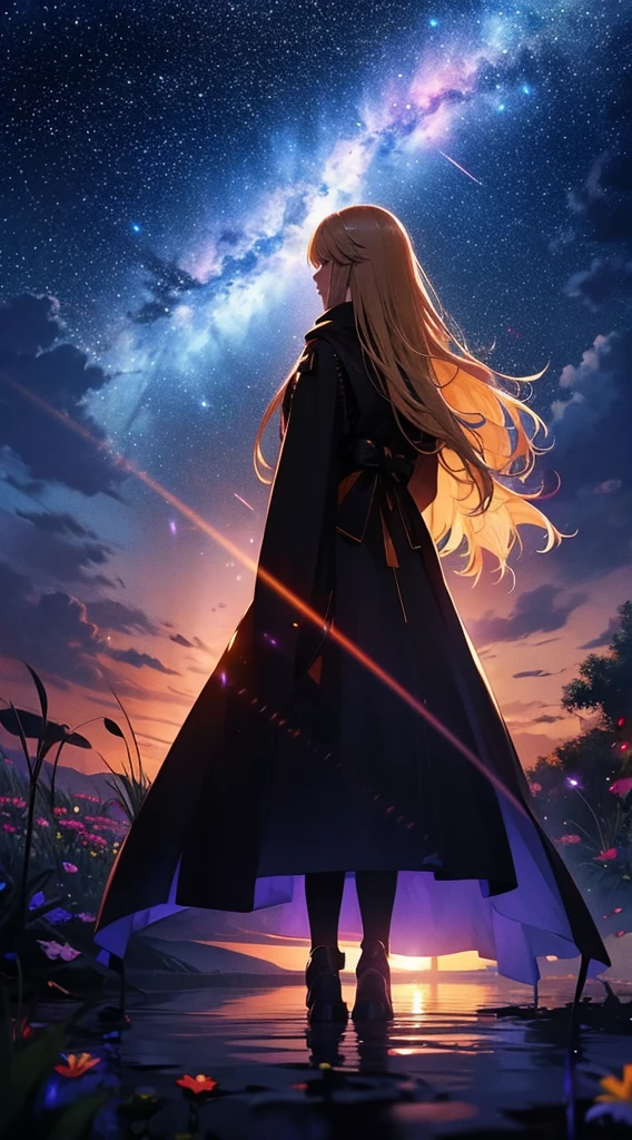 １personnes々々々々々,Femme blonde aux cheveux longs，long manteau， Silhouette de robe， vue arrière，Ciel spatial, ciel étoilé，Arc-en-ciel，Champ de fleurs，Fleurs colorées