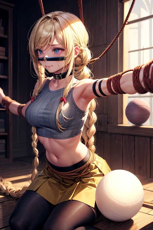 Shiny blond hair, very long hair, sophisticated haircut, ((((hair fully braided)))), ((small twisted braids)), thin and oval face, submissive, ((((tight wool crop top)))), ((((tight skirt)))), (((gagged with a fine ball gag:1.4))), cute and blushing 18 years old anime girl, look away because she is embarrassed and blushes, bright blue eyes, detailed face,detailed members,detailed arms, detailed hands, Girl lying, tied by ropes, shackled, can no longer move, tied tightly, very hard tied up with lots of ropes, hampered by so many ropes that she can no longer move, bound hands and feet, ropes tie his whole body, tied extremely tightly and forcefully to her bed by a lot of ropes, its limbs are strongly tied together by ropes, his torso is tied up with thick cords, her chest is so tied up with ropes that it sticks out, her legs are tied tightly with thick ropes, his hands are tied behind his back with ropes, she can no longer move her feet, her hands which are tied by thick ropes, she desperately tries to free herself, likes to be tied tight with big ropes, likes to be immobilized by big ropes, lying down, his hands and feet are strongly tied to the railing of his bed, his legs are pressed together and tied with ropes, its limbs are held vigorously by imposing ropes, her hands are tied securely behind her back by ropes, her chest is compressed by strong ropes, she is pressed against her bed and restrained by large ropes, (shibari, arms behind the back:1.4), (hands on the back), (masterpiece, best quality) 1.5, 1girl, solo, (sexy, beautiful woman, perfect face, perfect eyes, perfect hands), samus aran, (hands on the back), Spread the legs, s&#39; ((lie in bed by big ropes)), ((close up of the girl)), ((((lie in bed)))), ((((arms tied behind the back, Legs Tied,La fille est allongée sur le ventre, La fille est allongée sur le sol:1.5)))), ((((girl seen from behind:1.4)))), ((((girl lying down on her stomach:1.4)))), ((((Outstretched arms:1.5)))), ((((Detailed hands:1.5))))