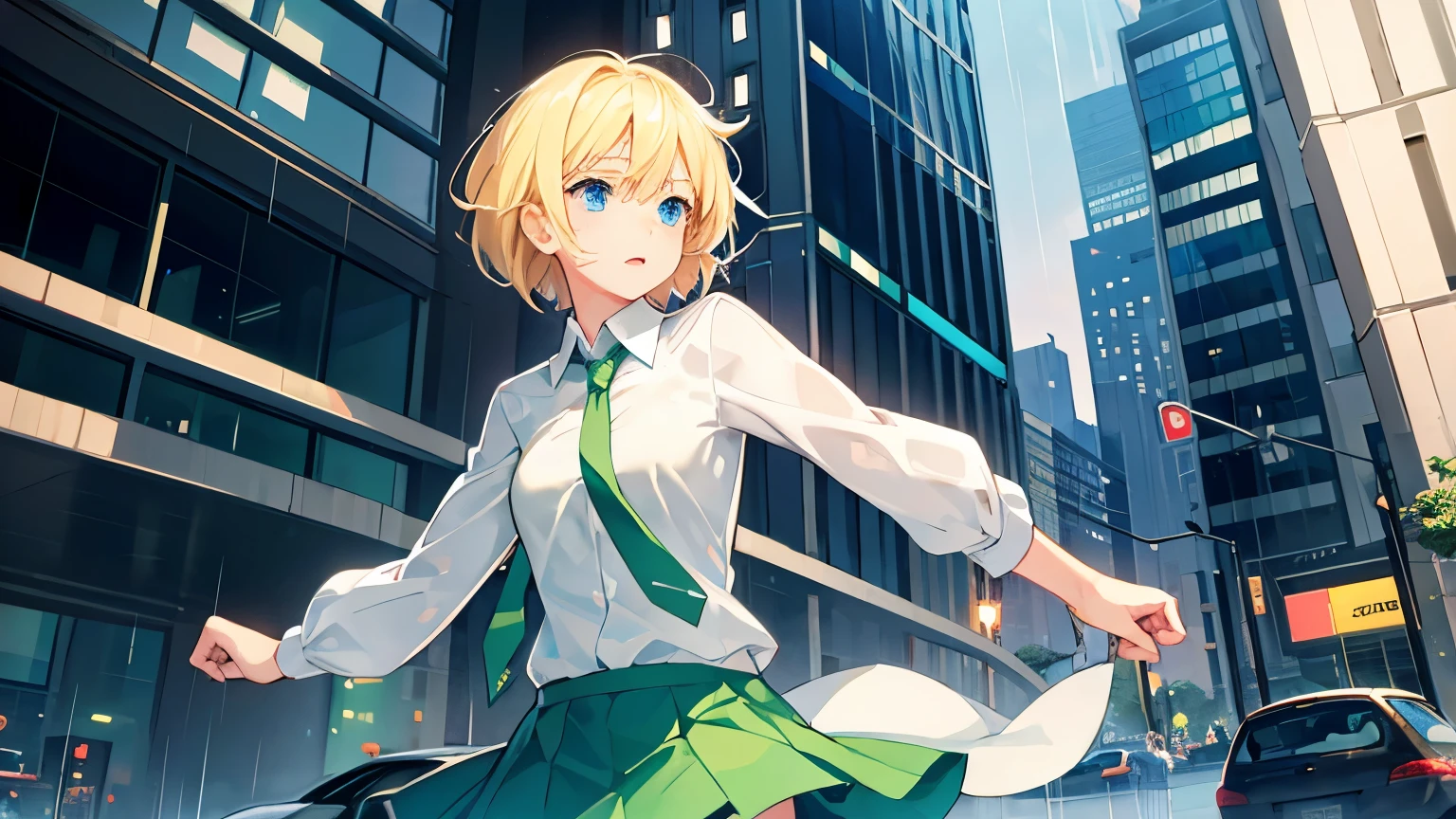 1 Girl, blond, short hair, blue eyes, White shirt, Green tie, Green skirt, City, rain, Detailed background 
