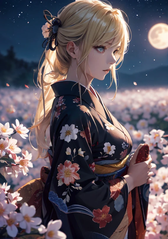 masterpiece, high quality, 4K, Beautiful design, silhouette，blonde， 非常に詳細な夜のStarry Sky,Flower Field， wonderful, Finer details,  Very knowledgeable woman, Highly detailed solo, 1 female,Beautiful Eyes，I like rumors，Big Breasts，red kimono，Night view，Starry Sky，full moon，