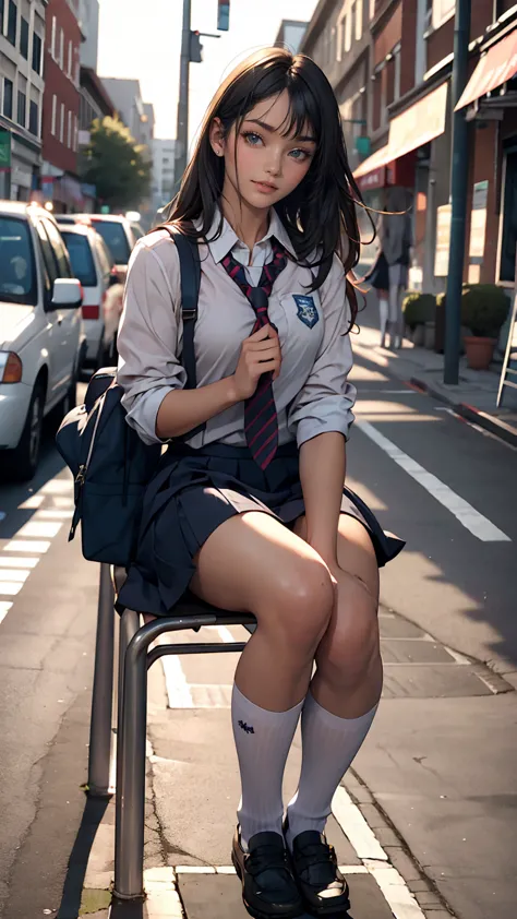 One girl,((school uniform)), blush,A light smile, Sitting,Outdoor,