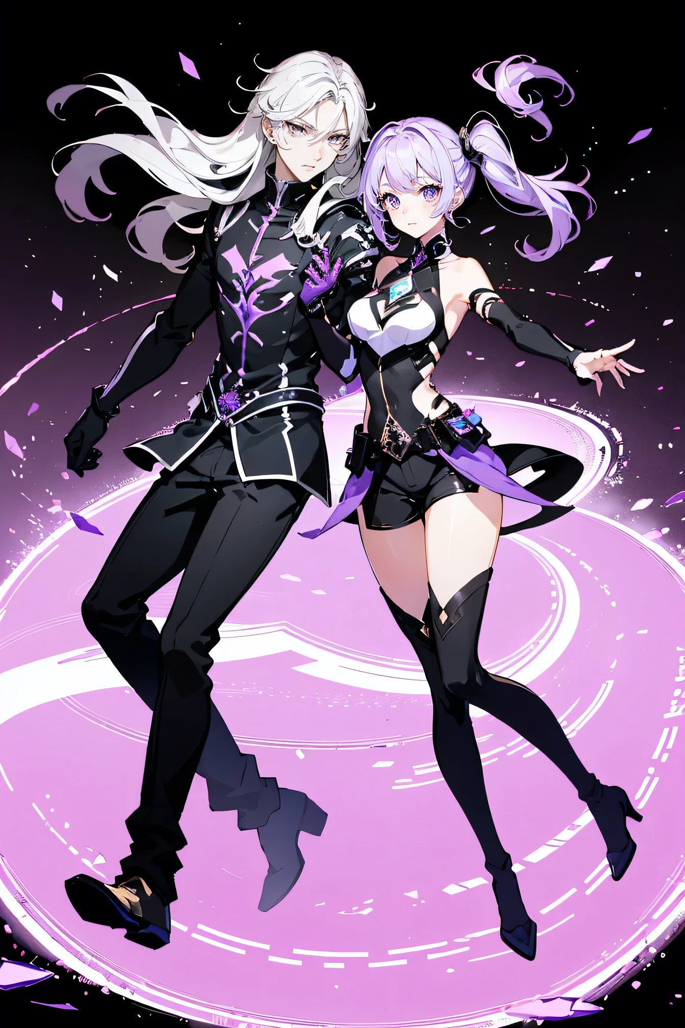 ((Couple with a girl:1.3)),Best Quality, Ultra High Resolution, Cute, (KPOP Idol), (Long Twintail), (Light Purple Hair:1), ((Big Eyes)), Looking at you, Full Length, Front View,A character with long, flowing silver hair and a slender build, wearing a black and white outfit that includes thigh-high boots and gloves. The character is in a dynamic pose surrounded by ethereal purple crystals and energy, The character is in a dynamic pose surrounded by ethereal purple crystals and energy,A character with long, flowing purple hair, wearing a metallic top and black shorts with thigh-high boots. The outfit includes straps and belts, giving it a futuristic or fantasy style. The character is in a dynamic pose with radiant light or energy surrounding them, set against a minimalistic abstract background,