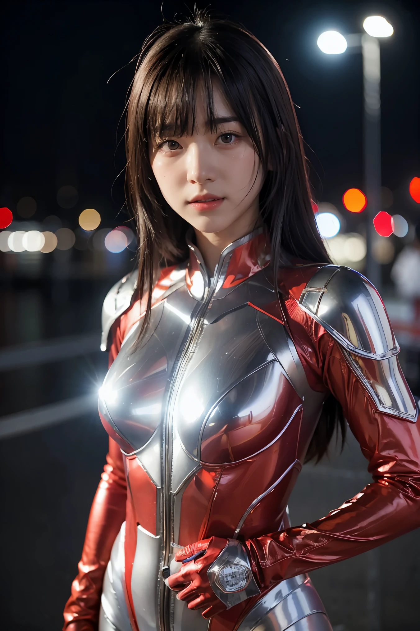 Ultraman、realistic、realistic、cinematic lighting, Girl in a shiny red and silver suit、15 years old、professional photos、Don&#39;Do not expose your skin, japanese model, japanese cgi、Ultraman Suit、, Power Rangers Suit、tight and thin cyber suit,Whole body rubbery、There&#39;s pink There、 delicate body, big breasts、small ass、thin thighs、thin arms、thin waist、camel toe、Both sides of the cyber suit stick to the skin、Big eyes、black short hair、facing the front、facing the front立っている、A glowing sphere is embedded in the chest.、Essay Examination、 blue sky background