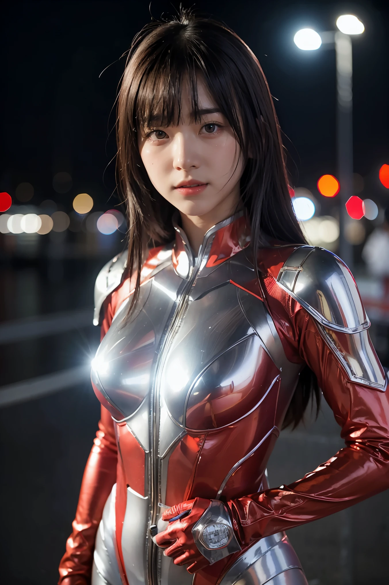 ウルトラマン、現実的、現実的、映画照明, 光沢のある赤と銀のスーツを着た女の子、15歳、プロの写真、ドン&#39;肌を露出しないでください, 日本人モデル, 日本語CGI、ウルトラマン Suit、, パワーレンジャースーツ、タイトで薄いサイバースーツ,全身がゴムのように柔らかい、そこには&#39;s pink そこには、 繊細な体, 巨乳、小さなお尻、細い太もも、細い腕、細いウエスト、キャメルトゥ、サイバースーツの両面が肌に密着する、大きな目、黒のショートヘア、前を向いて、前を向いて立っている、胸には光る球体が埋め込まれている.、エッセイ試験、 青空の背景