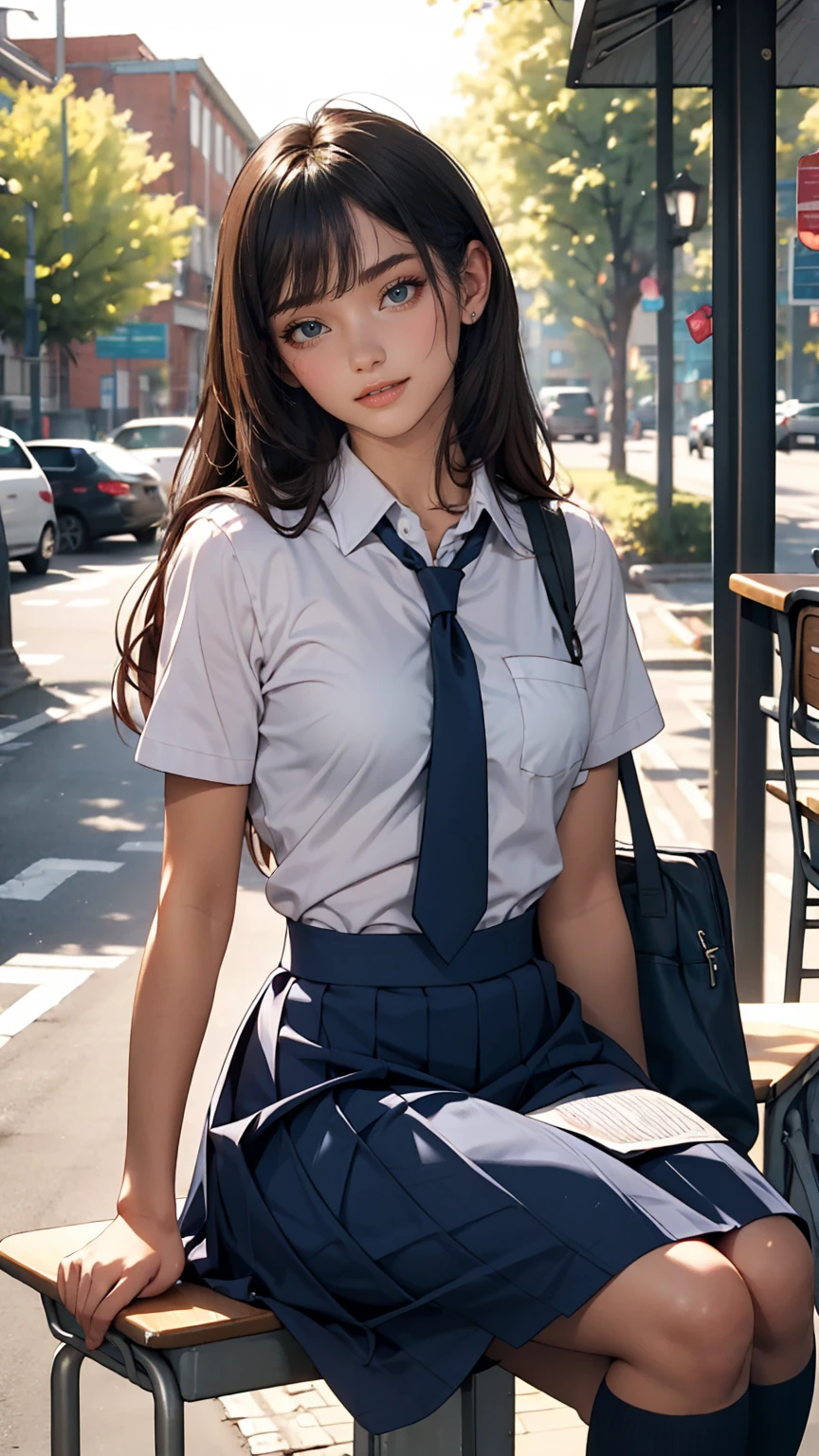 Una chica,((Uniforme escolar)), rubor,una ligera sonrisa, Sesión,exterior,