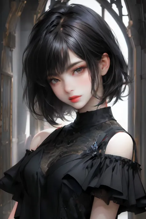 Anime girl with black hair and red lips posing for a photo, Anime Styled 3d, Anime Style. 8k, Gweiz-style artwork, Realistic Ani...
