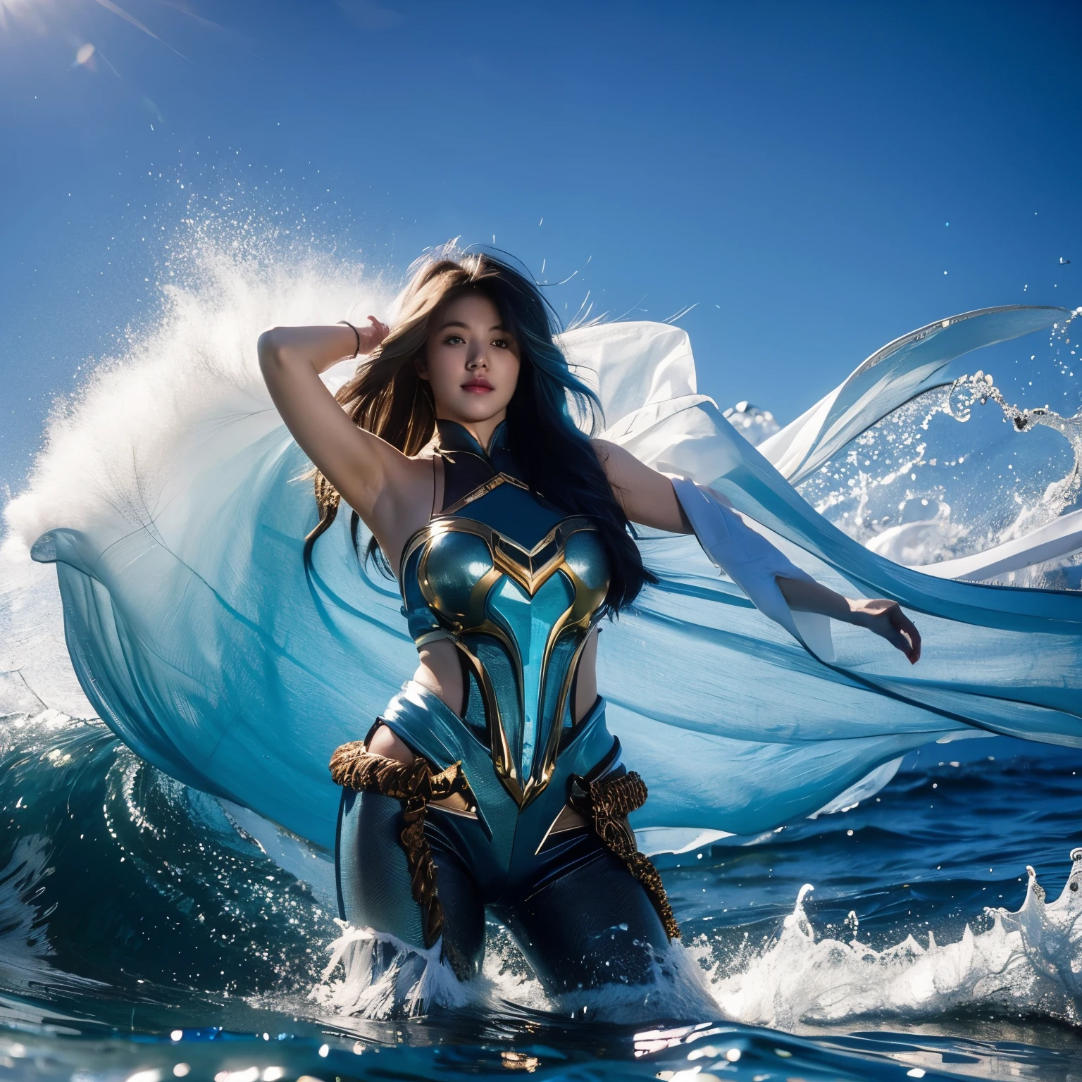 vonzy, vonnyfelicia, blue haired, young sea goddess, creating big tidal wave in the middle of ocean, big breast, heavy golden armor, 