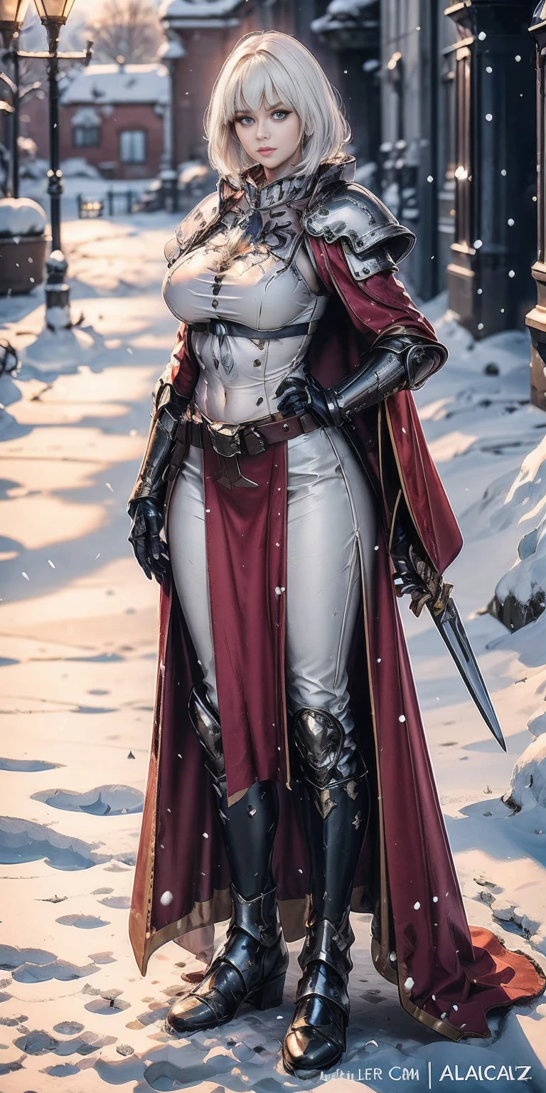 full body standing straight symmetrical, FEMALE warrior princess, big belt around waist, hair, very white skin like snow, wearing full heavy armor red cape, brown leather boots, adventurer outfit, veteran warrior MILF bimbo (Calca Bessarez - Overlord)