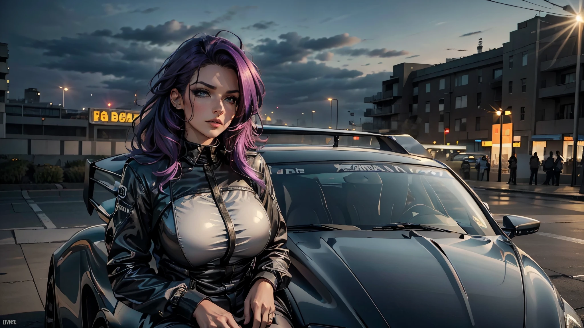 A girl wearing a driving suit , Sit on a car hood, Race Queen,, Racetrack at Night, Neon lights , Spotlights, blushing face , Dark and purple hair, Eye Shadow,, Shiny Hair (Best quality:1.1), (Masterpiece:1.4), 1fille, (cheveux volumineux)+ , ((cheveux)++, cheveux longs , (Yeux Bleux) , (big lips)+, peau brillante, brillant, Detailled car, High resolution, good proportions