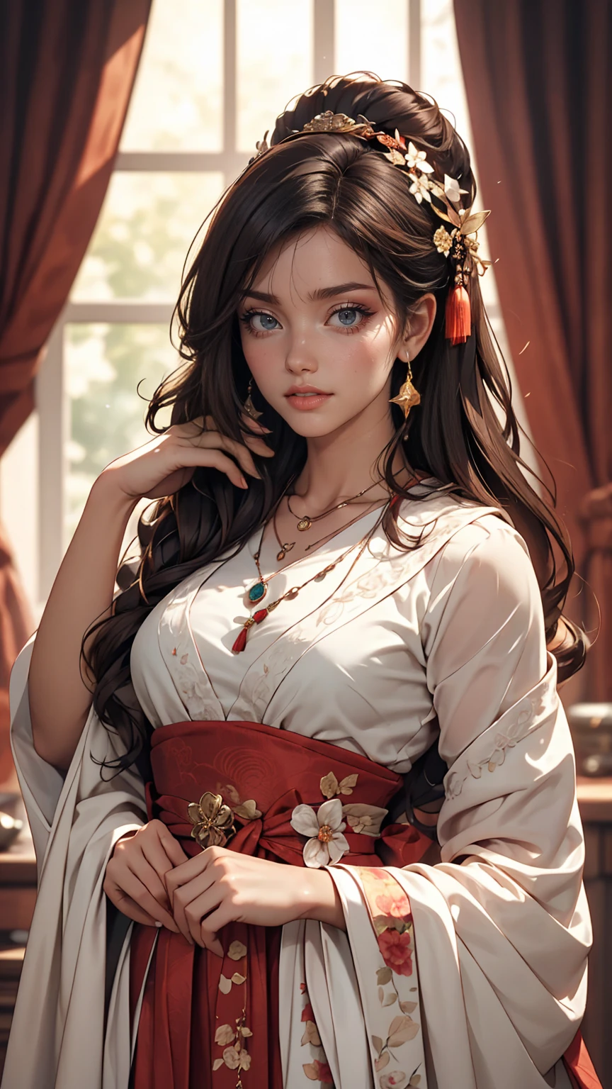 最high quality, masterpiece, High resolution, One girl,blush,(Captivating smile:0.8),Star-shaped pupils,Chinese Hanfu,hair ornaments,necklace, jewelry,Beautiful Face,On top of that_body, Tyndall effect,Realistic, Dark Studio, Rim Light, Two-tone lighting,(Skin with attention to detail:1.2), 8K Ultra HD, Digital SLR, Soft lighting, high quality, Volumetric lighting, Frank, photograph, High resolution, 4K, 8k, Bokeh