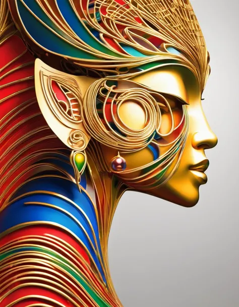 whole body，Minimalism，Line Art，3D rendering of Women streamlined, golden trophy design, Tang tricolor, Tibetan mural style, mini...