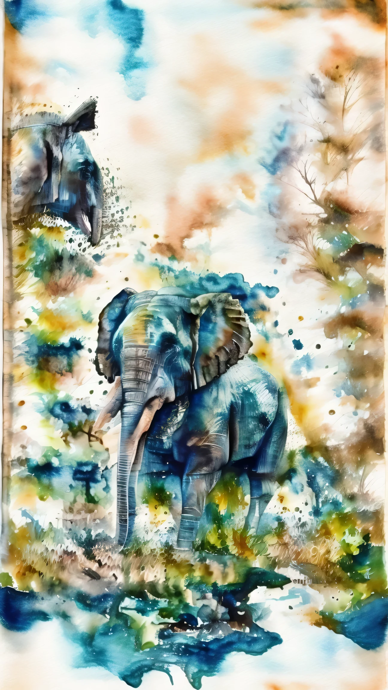 Africa, elephant walking in a river, surrounded by trees and grass, wildlife scene, natural habitat, nature, animal,water, realistic, sky, scenery, grass, forest, animal_focus, modern art, painting, drawing, watercolor, psychedelic colors
