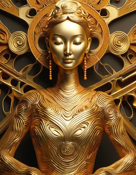 3D effects, Trophies，streamlined woman wine bottle gold trophy design, Tang Sancai, Tibetan mural style, minimalist, technologic...