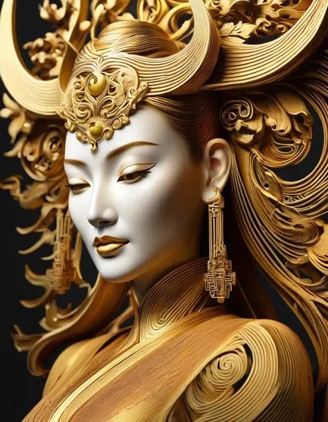 3D effects, streamlined woman wine bottle gold trophy design, Tang Sancai, Tibetan mural style, minimalist, technological, minim...