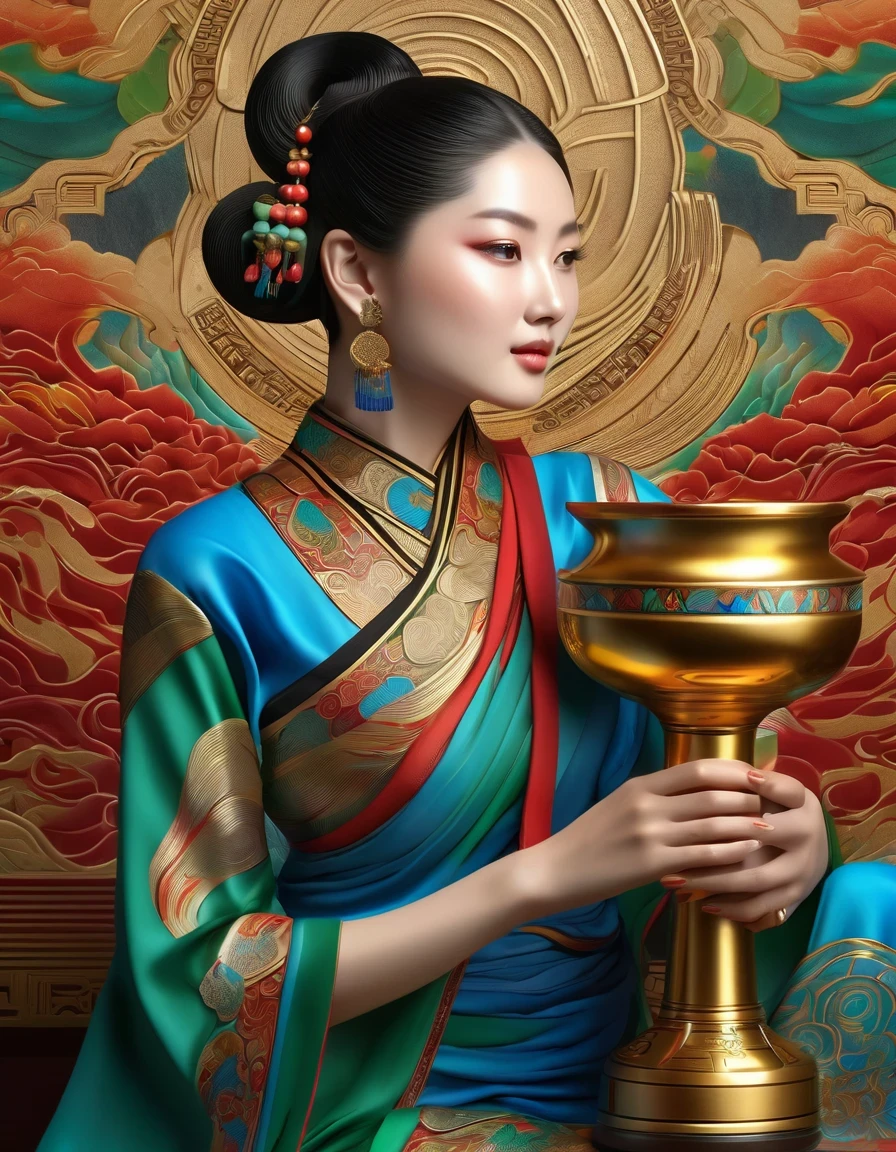 (best quality,4k,8k,highres,masterpiece:1.2),ultra-detailed,(realistic,photorealistic,photo-realistic:1.37),streamlined woman,golden trophy,wine bottle stand,colorful Dunhuang mural colors,red,green,blue,black,ethnic design,