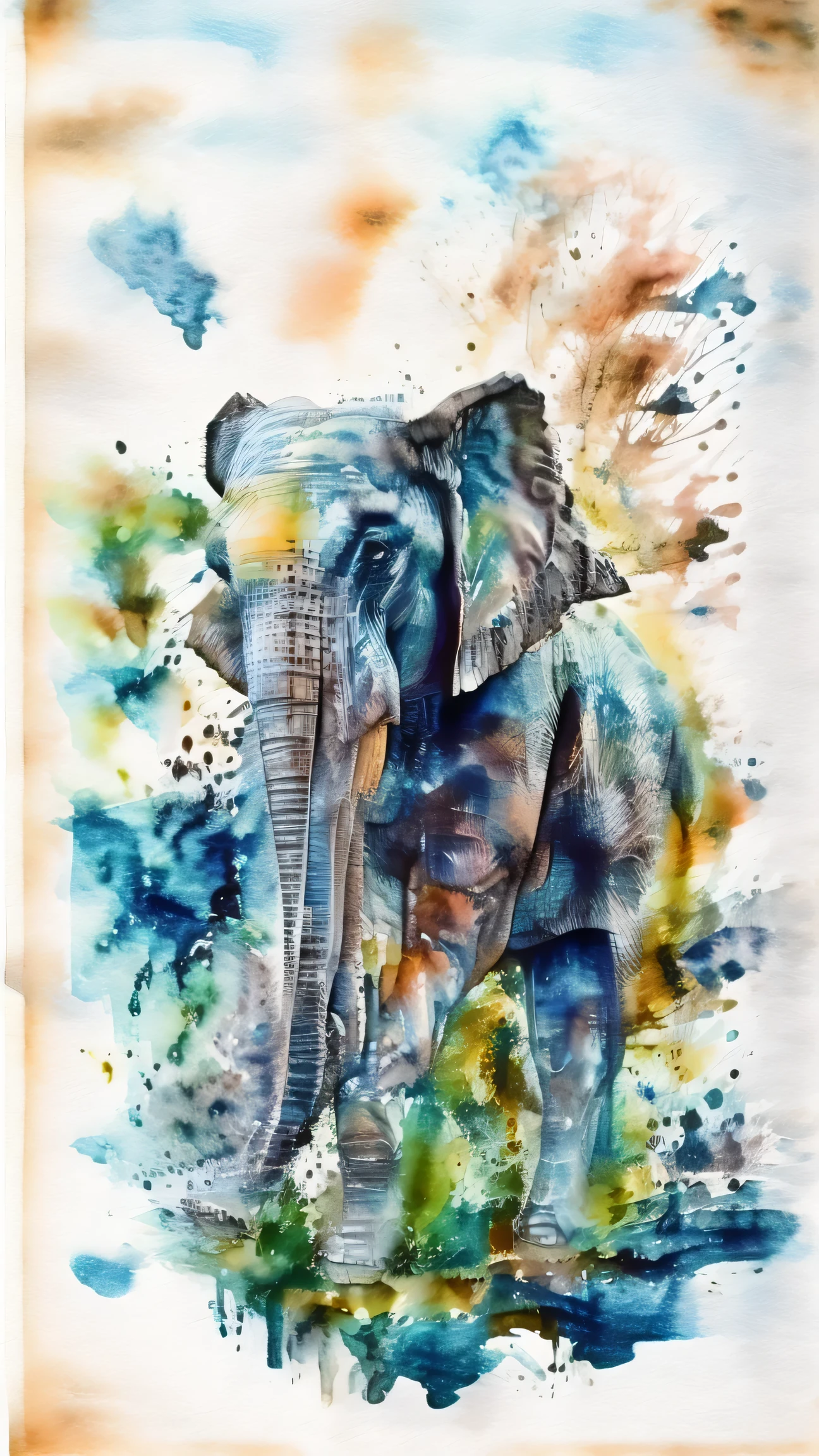 Africa, elephant walking in a river, surrounded by trees and grass, wildlife scene, natural habitat, nature, animal, water, realistic, sky, scenery, grass, forest, animal_focus, modern art, painting, drawing, watercolor, psychedelic colors