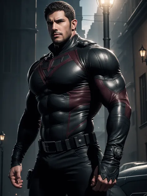 One Tall giant muscular police officer,  On the old-style outdoor streets, Wear a long-sleeved burgundy superhero Black Panther ...