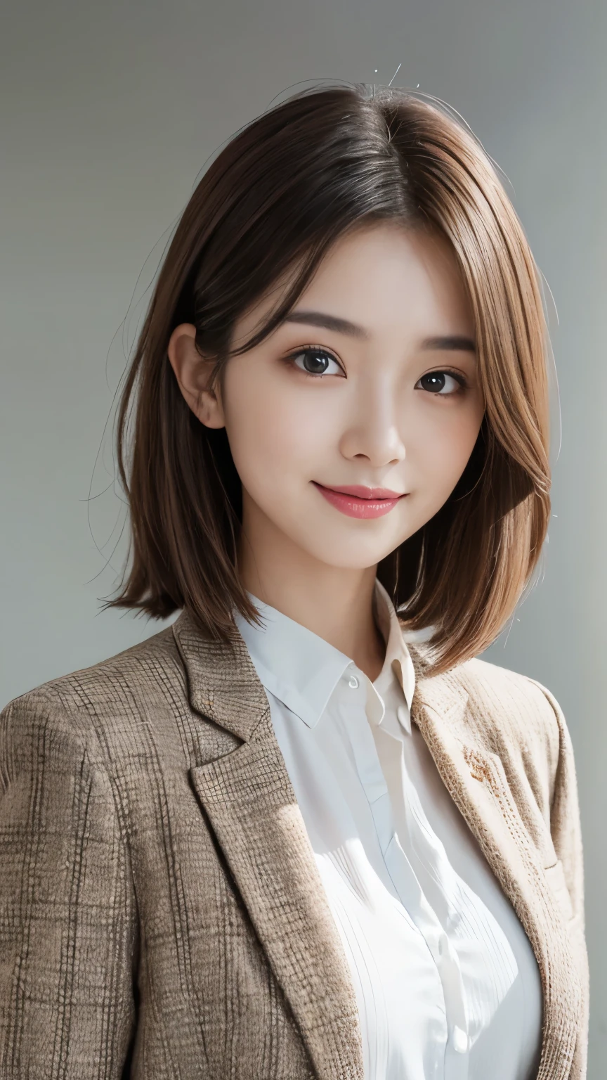 (Very detailed CG Unity 8k wallpaper, highest quality, Very detailed, Looking at the camera:1.2, The light shines on your face:1.5, Gray background, Professional Lighting), Japanese women, 26 years old, Brightly lit upper body composition of a face. She has an oval face, Soft arched eyebrows, bright expressive eyes,,, pronounced nose, And a friendly smile. Her hair is shoulder-length, straight, Dyed a pale chestnut color. She is wearing a smart casual blouse, Probably soft colors, Pair it with a chic blazer, Embody her lively and sociable personality