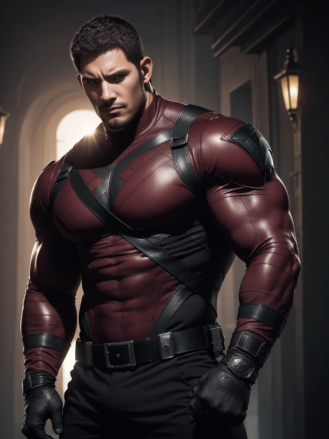 One Tall giant muscular police officer,  On the old-style outdoor streets, Wear a long-sleeved burgundy superhero Black Panther bodysuit, Elastic spandex material，The expression is arrogant, Lift your chin, Messy hair, Thick thighs, High collar, long sleeve, burgundy superhero bodysuit, very tight, Regular symmetrical pattern, Highlight muscles, Police uniform pants, character concept（Resident Evil - Chris Redfield, Chris Redfield）A proud expression, Deep and charming eyes, Heroic male pose, tall Burly, muscular！muscular thighs, tough guy, perfect facial features, High, Burly, Heqiang, Super polished and cool, High Resolution Committee, Charismatic, The sun is blazing, dazzling