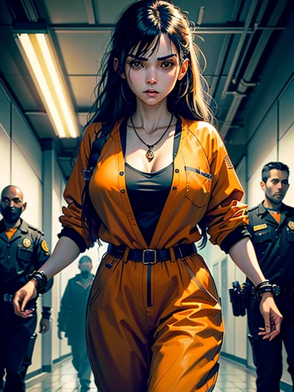 masterpiece, best quality, high resolution, draw, comic, hyper realism, jortega, alone, long hair, black hair, slim and athletic body, big breasts, thin gold necklace, inmate, ((wearing orange inmate suit)), very soft light, black night, concept art, horror, scared, dark, very dark, art by Yoji Shinkawa, ink and watercolor, restrained, arrest, restrained ,handcuffs, shackles, in dark corridor, prison, ((escorted by two cops))