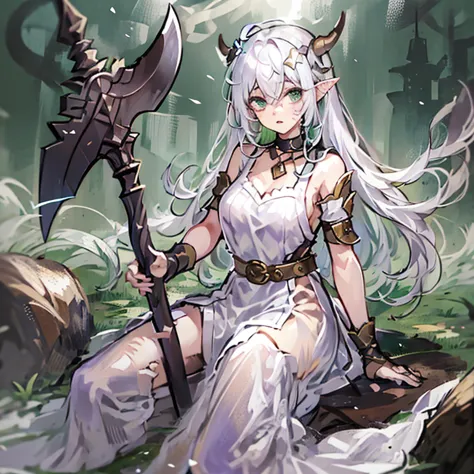 ((masterpiece)), ((bestquality)), ((ultra-detailed)), 1girl, solo, a 15-year-old girl, white hair, green eyes, detailed face, dr...